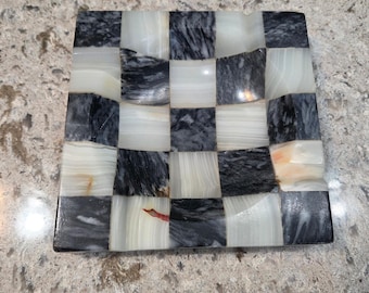 Cenicero cuadrado de mármol ónix vintage a cuadros, blanco y negro, 6 pulgadas.