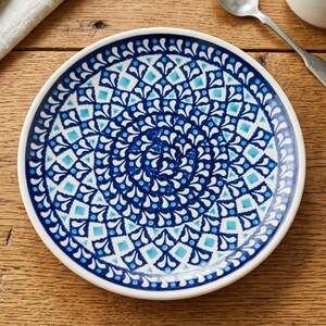 Puede incluir: Un plato redondo de cerámica con un patrón detallado en azul y blanco. El diseño consta de círculos concéntricos rellenos de formas de gota repetitivas, pequeños diamantes y motivos florales complejos en tonos azul oscuro y cian claro.