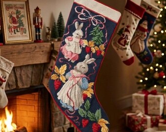 Calza di Natale vintage ricamata a punto croce con coniglietti, blu navy e rosso, velluto, 50 cm