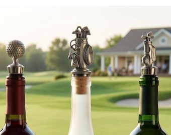 Vintage Golf Wine Bottle Stoppers Set 3 Pewter Tone Golf Ball Bag Sports Decor