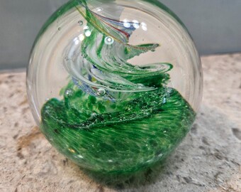 Vintage Art Glass Paperweight Green Controlled Bubble Multi Color Swirl Orb