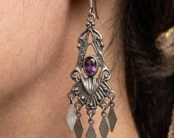 925 Sterling Silver Amethyst Chandelier Drop Earrings Boho Vintage Style 2"