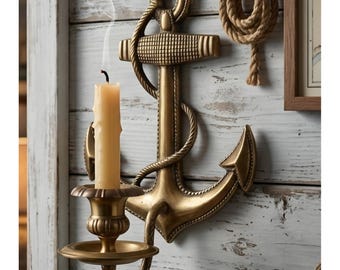 Aplique de parede vintage em latão com âncora, suporte para vela cônica com corda náutica, 18 cm (7 polegadas).