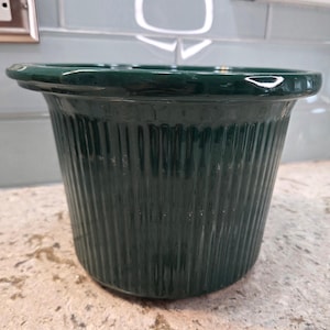 Pode incluir: Um vaso de cerâmica verde escuro com detalhes verticais canelados. O vaso tem uma borda ligeiramente alargada e um acabamento brilhante. O recipiente foi concebido para conter plantas.
