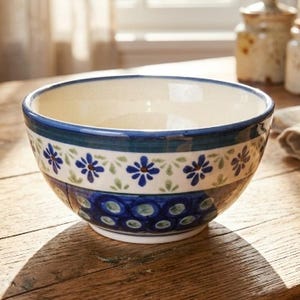 Puede incluir: Un cuenco de cerámica con interior color crema y una banda exterior decorativa de flores azules con hojas verdes. La parte inferior del cuenco muestra un patrón de motivos circulares azules y verdes sobre un fondo azul oscuro.