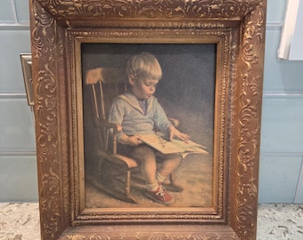 Vintage B.P. Co. Inc. Pojke Läsande Sjömanskostym Tryck Utsmyckad Guldram 11x13