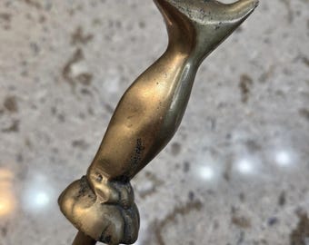 Atizador de chimenea vintage de latón con forma de cabeza de zorro, gancho para voltear leña, herramienta de 26,5 pulgadas.