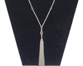 Pink Rhinestone Geometric Silvertone Tassel Necklace Signed Sarah Coventry 24" L