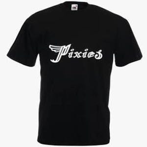 May include: Black t-shirt with a white graphic of the word "Pixies" with a stylised wing design.