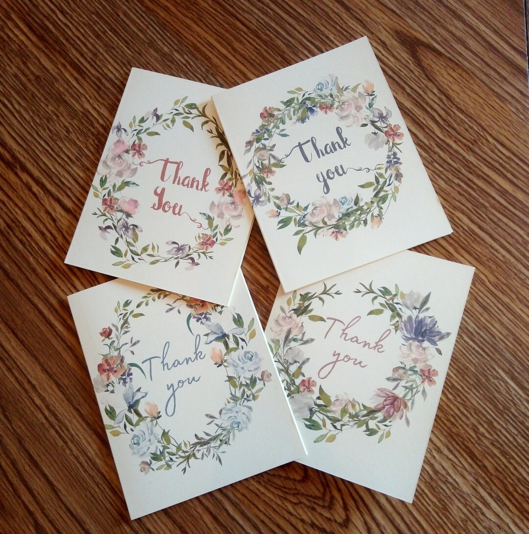 Floral Wreath Thank You Cards | Set of 4 | Set of 8 | With Envelopes ...