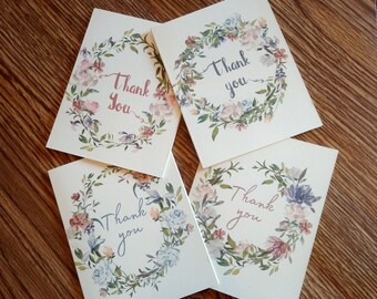 Floral Wreath Thank You Cards | Set of 4 | Set of 8 | with envelopes | A2 size - 4.25x5.5"