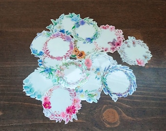 Floral Wreath Vinyl Labels | 3x3" | Set of 8 | Set of 16 | repositionable | reusable labels