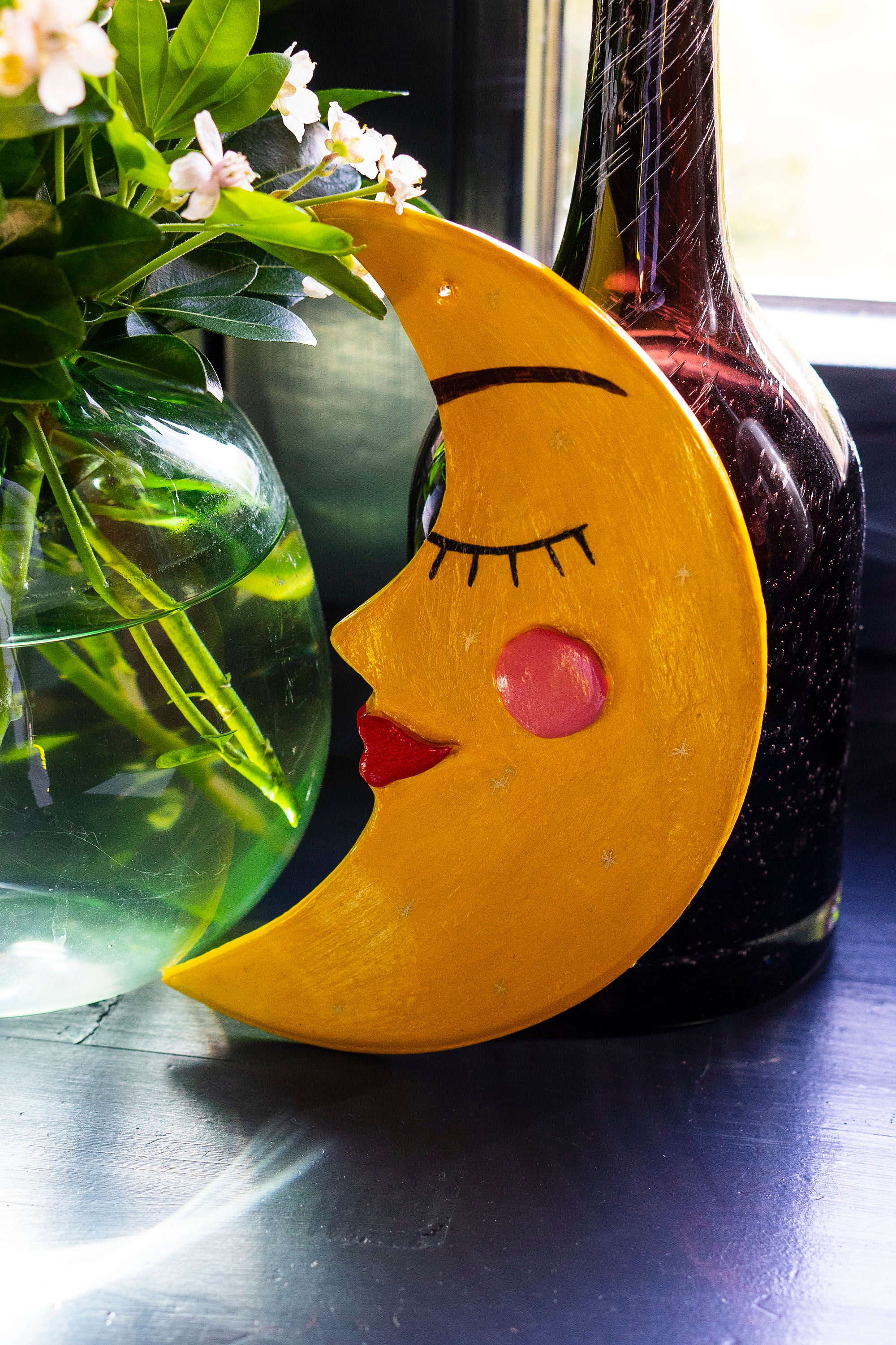 Lune Décorative en Argile, Peinte à La Main