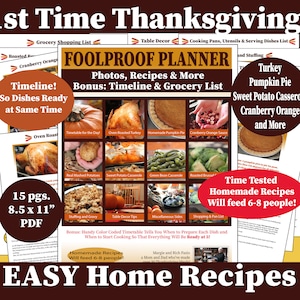 Eerste keer Thanksgiving, nuttig THANKSGIVING PLANNER KOOKBOEK afdrukbaar 8,5x11"pdf, foto's, tijdlijn, recepten, boodschappenlijstje, tips, meer