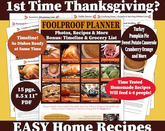 First Time Thanksgiving, Helpful THANKSGIVING PLANNER COOKBOOK printable 8.5x11"pdf, Photos, Timeline, Recipes, Grocery List, Tips, More