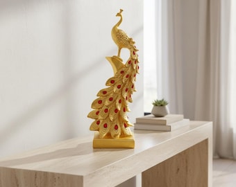Gold Peacock Statue for Table Decor | Elegant Animal Figurine | Mythical Home Ornament | Housewarming Gift