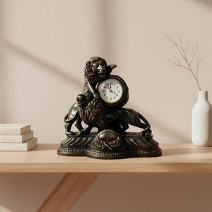 Lion Desk Clock | Regal Lion Sculpture With Clock | Vintage Office Table Decor | Symbol Of Leadership and Power | Gift For Men