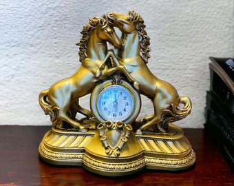 Prancing Horse Clock Statue | Golden Animal Figurine, Luxury Decor