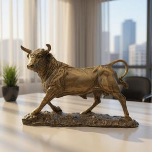Realistic Bull Sculpture on Base | Cow Ox Statue for Desk Decor | Animal Figurine | Office Gift