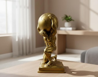 Atlas Titan-sculptuur met wereldbol | Gouden standbeeld uit de Griekse mythologie | Krachtig godsbeeldje voor bureaudecoratie | Cadeau voor hem