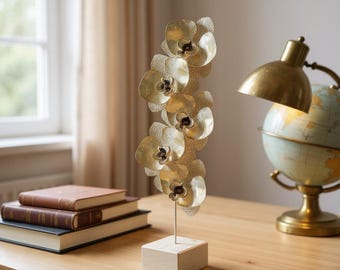 Elegant Orchid Flower Sculpture | White and Gold Floral Table Decor Centerpiece | Modern Luxury Gift for New Home or Her