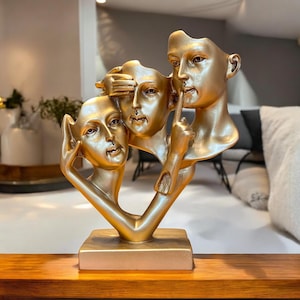 Estatua de máscara abstracta de tres caras / No ver el mal, no oír el mal, no hablar del mal, decoración / Regalo único de arte de estantería