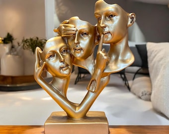 Drei Gesicht Abstrakte Maske Statue | Sehen Sie kein Böses, hören Sie kein Böses, sagen Sie nichts Böses Dekor | Einzigartiges Shelf Art Geschenk