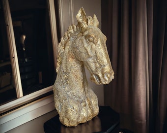 Gold Lucky Horse Head Statue | Decorative Horse Sculpture For Desk Decor | Home Office Decor | Housewarming Gift