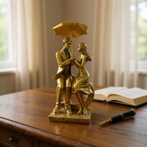 Couple Figurine Under Umbrella | Romantic Sculpture | Handmade Home Decor | Love Gift for Her | Shelf Decoration