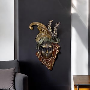 Venetian Carnival Mask Wall Art Decor | Baroque Woman Face Sculpture | Elegant Feather Mask Decor | Unique Wall Hanging Gift