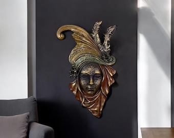 Venetian Carnival Mask Wall Art Decor | Baroque Woman Face Sculpture | Elegant Feather Mask Decor | Unique Wall Hanging Gift