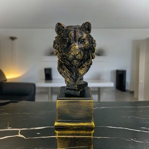Dekorative Tigerkopf Büste, Statue auf Ständer | Tier Figur für Schreibtisch Prunkstück | Geschenk für Freunde