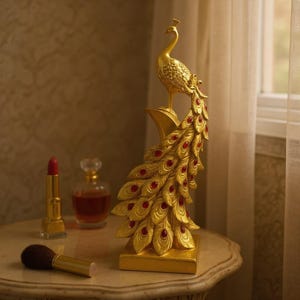 Gold Peacock Statue for Table Decor | Elegant Animal Figurine | Mythical Home Ornament | Housewarming Gift