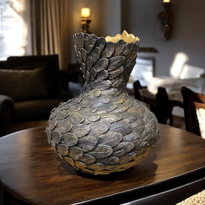 Large Feather Patterned Decorative Vase | Textured Gold Black Handmade Vase | Modern Luxury Home Decor | Unique Housewarming Gift