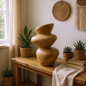 Peut inclure: Une sculpture en bois clair, de forme abstraite et empilée, est posée sur une table en bois. Elle est entourée de petites plantes en pot et d'objets décoratifs. La finition lisse et la forme organique créent une atmosphère chaleureuse. La table mesure environ 100 cm de long.