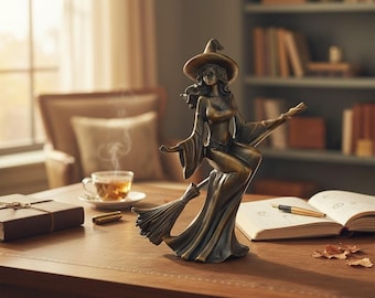 Figurine de sorcière avec balai | Statue de sorcière pour décoration de bureau | Cadeau d'Halloween | Cadeau pour la maison
