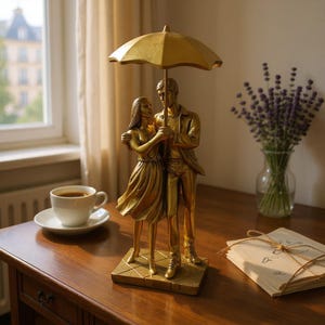 Romantic Couple Figurine | Lovers Holding Umbrella Statue | Handmade Love Sculpture | Anniversary Gift | Shelf Decor