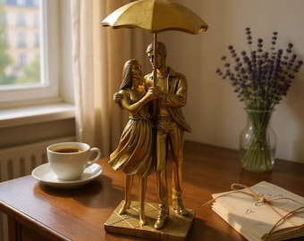 Romantic Couple Figurine | Lovers Holding Umbrella Statue | Handmade Love Sculpture | Anniversary Gift | Shelf Decor