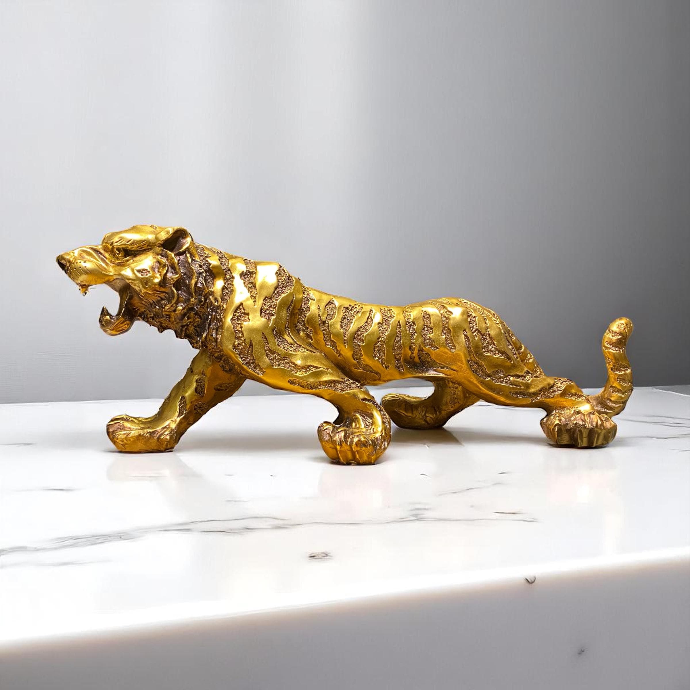 Gold Tiger Statue | Roaring Tiger Figurine for Home Office Decor | Powerful Animal Symbol | Bold Desk Sculpture Gift Idea