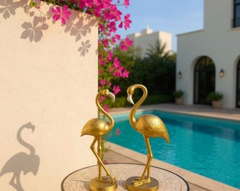 Golden Flamingo Statue Set of 2 | Elegant Bird Figurines For Home and Garden Decor | Tropical Poolside Accent | Gift For Flamingo Lovers