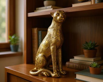 Flower Embroidered Sitting Gold Panther Statue | Animal Statue For Table Desk Showpiece | Housewarming Gift