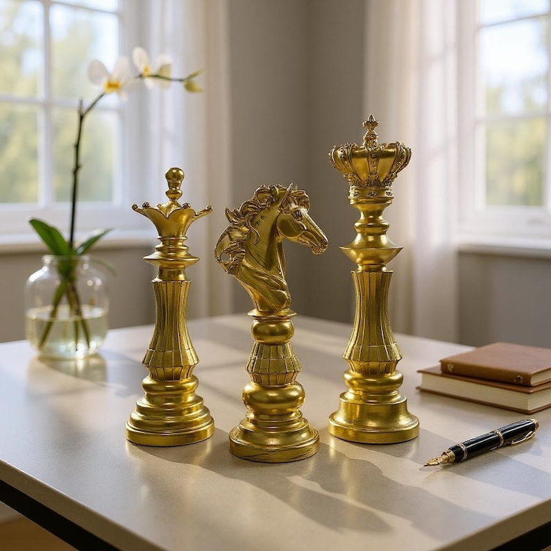 Gold Chess Statue Set of 3 | Queen King Knight Figurines | Decorative ...
