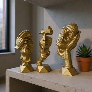 See No Evil Hear No Evil Speak No Evil Statue | Face Mask Sculpture Set of 3 | Abstract Figurines For Shelf Decor | Symbolic Home Gift