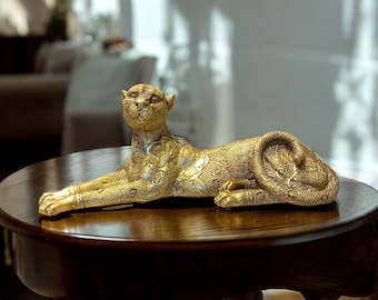 Flower Embroidered Lying Gold Panther Sculpture | Animal Figurine For Table Desk Showpiece | Home Decoration | Unique Gift