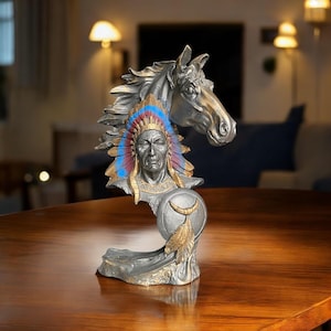 Native American Warrior and Horse Head Statue | Indian Chief Figurine For Table Showpiece | Western Art Decor | Friends Gift