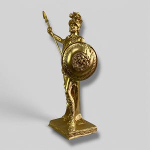 Ancient Greek Spartan Warrior Statue | Gold Gladiator Sculpture With Spear & Shield | Handmade Greek Soldier Figurine | Mythology Home Decor