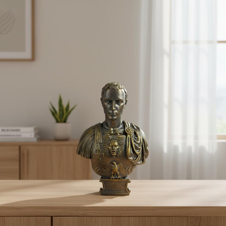 Julius Caesar Bust Sculpture | Roman Emperor Head Statue | Ancient Leader Decor | Historical Resin Figure | Home Office Desk Decoration image 1