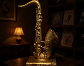 Golden Saxophone Sculpture | Jazz Music Decor Accent | Musical Instrument Figurine For Shelf or Desk | Gift for Music Lover or Musician