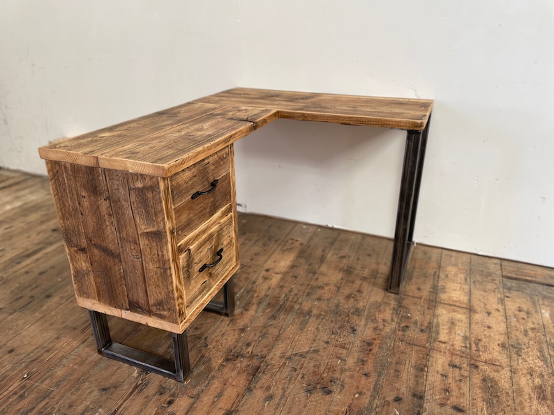 Reclaimed Solid Wood Corner Desk With Drawers and Chunky Steel Etsy UK