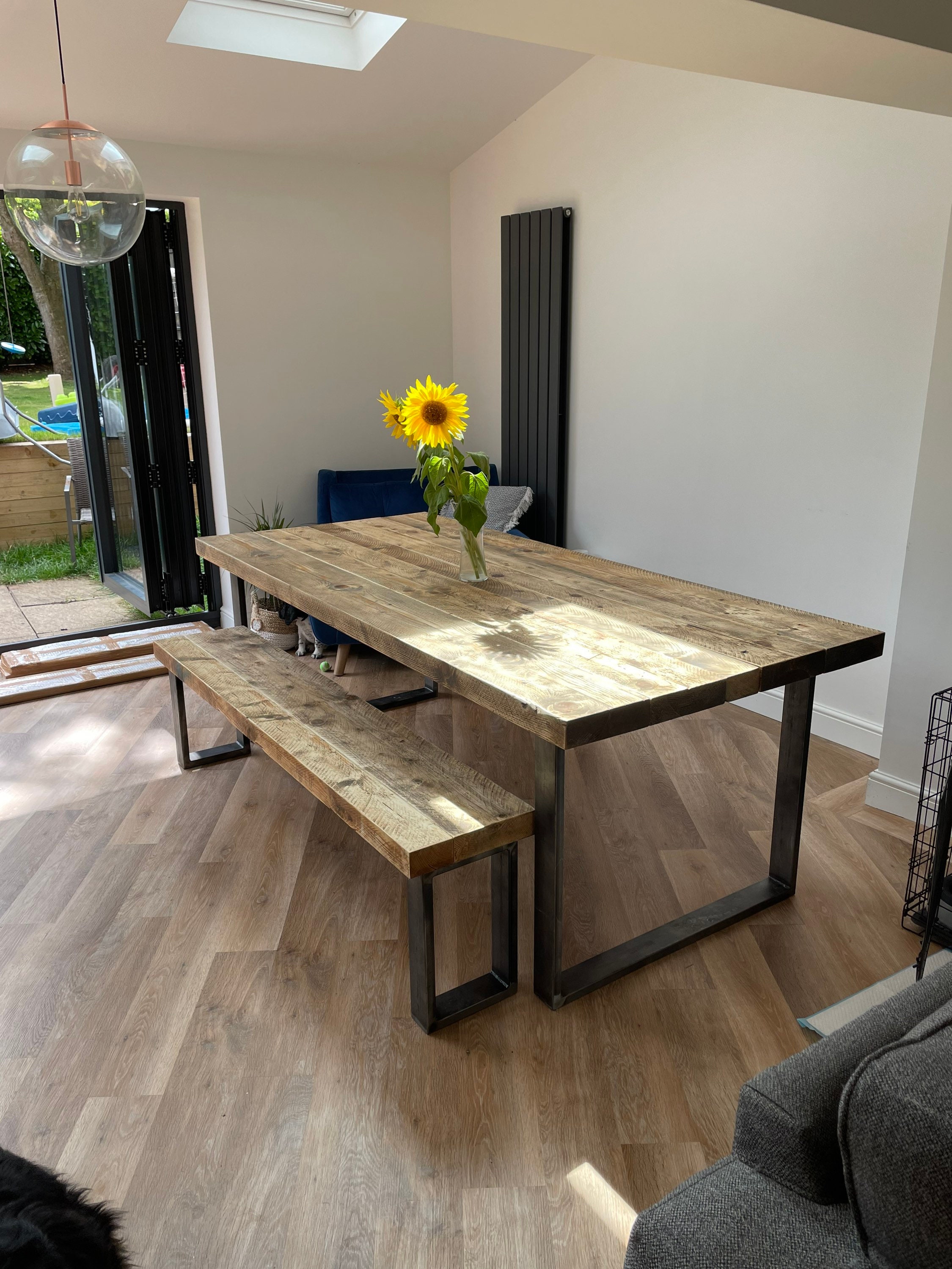 Industrial Reclaimed Solid Wood Dining Table and Bench Set - Etsy UK